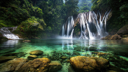 Serene waterfall cascading into a crystal-clear pool surrounded by lush greenery and rocks