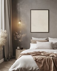 Cozy bedroom interior with neutral tones,  a pendant lamp, and a blank frame.