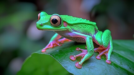 Obraz premium Vibrant Green Frog on Lush Leaf Close up Nature Photography