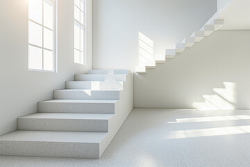 Fototapeta premium Modern, minimalist staircase with white steps and walls, bathed in natural light from window.
