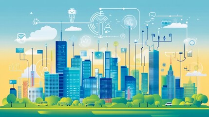 Obraz premium Dawn energy awakens a high-tech smart city skyline transformation overlooking innovation urban development and sustainability