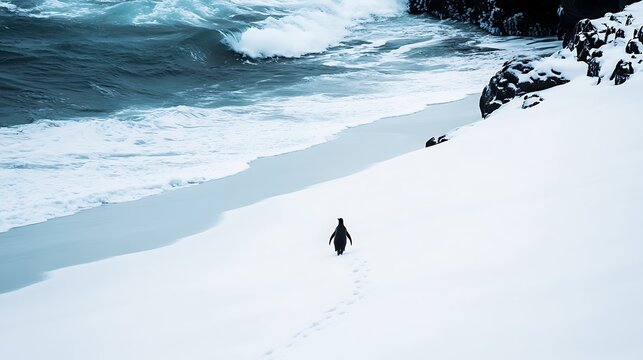 A solitary figure walking through the snow along a coastal shore with crashing waves in a winter landscape