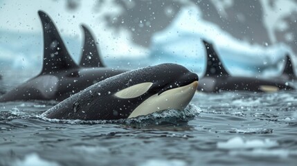 Fototapeta premium A pod of orcas gracefully swimming in icy Arctic waters amidst falling snow. The majestic killer whales navigate through the cold ocean,