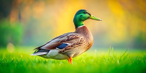 Fototapeta premium Minimalist Duck on Green Grass - Peaceful Nature Stock Photo