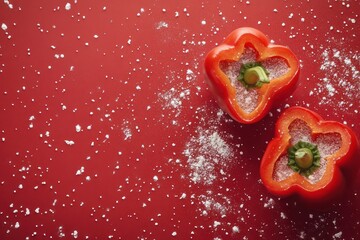Stuffed peppers recipe, red background, cooking prep