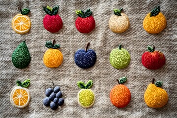 Colorful Handmade Textile Crafts with Felt Embroidery and Crochet Designs on Natural Fabric Background