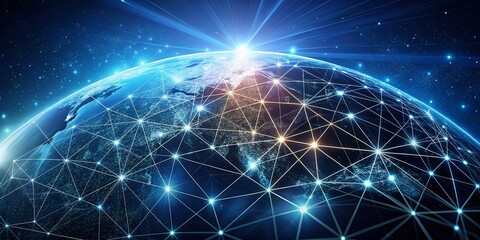Fototapeta premium Minimalist Global Network Connection: Abstract Earth Map, Blockchain Technology, 3D Render