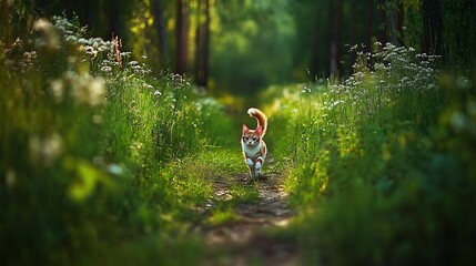 Orange tabby cat runs forest path, wildflowers background, pet nature