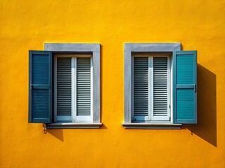 Fototapeta premium Minimalist Italian Architecture: Two Windows with Open Grey Shutters on Yellow Wall