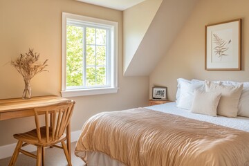 Cozy bedroom with beige bedding, wooden desk, and window view.