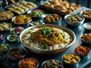Fototapeta premium Biryani: India’s Legendary Rice Dish, Layered with Aromatic Basmati, Succulent Meat, and a Blend of Exotic Spices, Slow-Cooked to Perfection for a Rich and Flavorful Experience