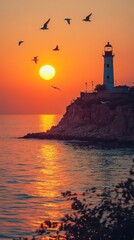 Sunset Lighthouse Coastal Birdscape