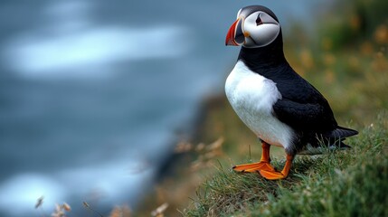 Naklejka premium Atlantic puffin standing on clifftop with ocean background.