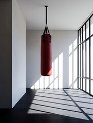 A red punching bag hanging in a minimalist gym with sunlight casting shadows on the floor, symbolizing strength training, boxing practice, fitness, and a focused workout environment

