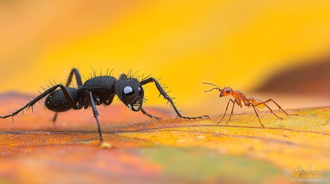 Black ant confronts red ant on autumn leaf