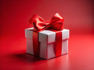 Obraz premium Minimalist Red Background Gift Box with White Box and Red Bow