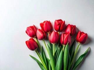 Fototapeta premium Minimalist Red Tulips Flat Lay: White Background Stock Photo for Spring Design
