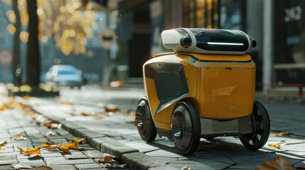 The yellow and silver robot, carrying food orders, speeds through the cityscape, ensuring prompt deliveries.