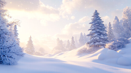 Snow gently falling on a pristine snowy landscape, with sunlight filtering through the clouds, creating a magical winter wonderland scene