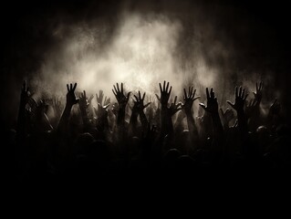 In bright colored lights, active fans move in unison, raise their hands,in the euphoria of live hard rock music, their favorite performer.