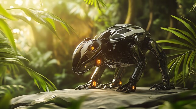 A futuristic robotic frog gracefully perched on a rock amidst lush greenery, illuminated by soft sunlight filtering through leaves in a vibrant jungle environment