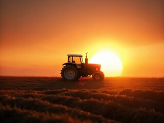 Fototapeta premium Minimalist Tractor Sunset Harvest: Golden Hour Farm Scene