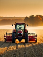 Obraz premium A large red tractor harvesting a golden wheat field at sunrise, symbolizing modern agriculture, sustainability, and the efficiency of farming machinery in food production and rural life