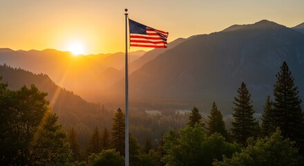 US flag on a pole with a natural landscape in the background