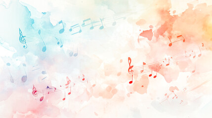 Soft watercolor background with delicate music notes and a blend of pastel colors, creating a serene and melodic atmosphere
