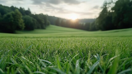 Fototapeta premium A lush green grass field stretches into the distance, illuminated by the warm hues of a sunset. The landscape is calm, with trees framing the serene environment