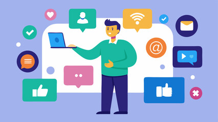 Social Media Strategy A consultant demonstrating social media management tools with graphics of various social platforms assisting a team in reaching broader audiences.