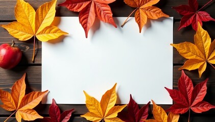 Blank paper sheet surrounded by dried leaves on wooden surface, rustic, crafting, creativity