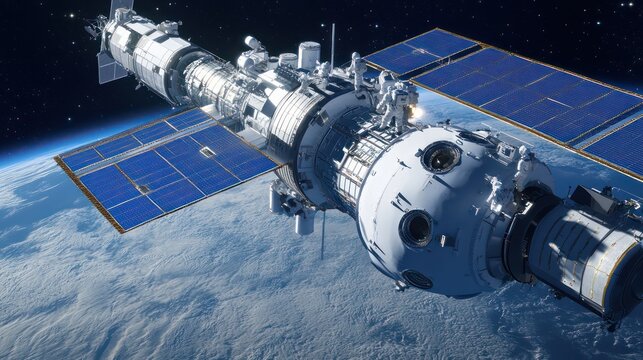 Space station orbiting Earth, astronauts conducting spacewalk, clouds visible below, for science and technology publications - Powered by Adobe