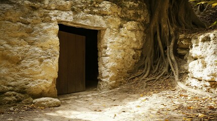 Ancient Stone Doorway, Jungle Roots, Sunlight