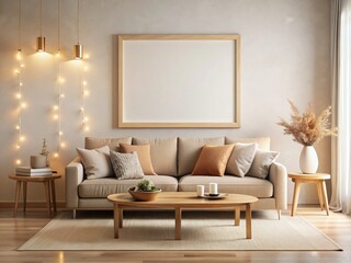 Modern Family Room Interior Design: Empty Frame, Fawn Sofa, Bokeh Effect
