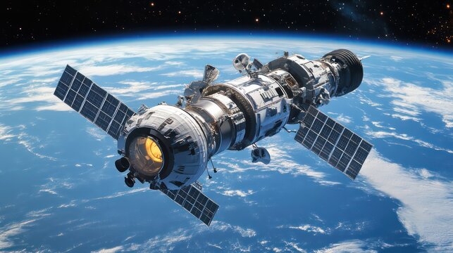 Spacecraft orbiting Earth, starscape background; space travel illustration