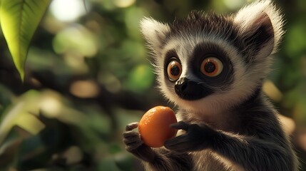 A cute lemur holding an orange fruit while perched among green foliage in a sunlit forest, conveying a playful and curious atmosphere
