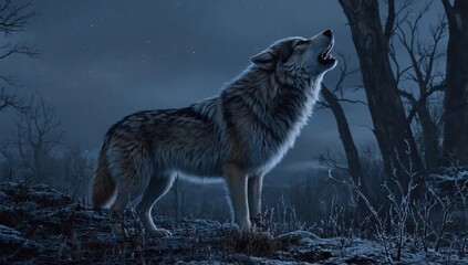 Obraz premium Howling wolf at night forest landscape wildlife mystical scene