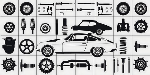Obraz premium Detailed schematic illustration of a classic sports car with exploded view components, showcasing mechanical parts, wheels, suspension, and chassis for automotive engineering and restoration.