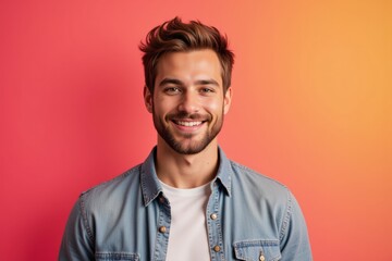 Obraz premium Young Adult Male with Stylish Hair and Beard Smiling Against a Vibrant Orange and Pink Gradient Background