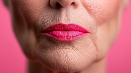 Fototapeta premium Close-up of senior woman's confident expression with vibrant pink lipstick against soft pink background