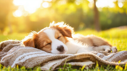 Fluffy puppy snuggled on rustic picnic blanket, enjoying warm sunlight