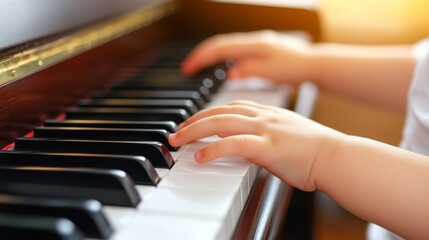 Obraz premium Close-up of hands playing piano with warm sunset lighting, evoking the joy and tranquility of musical expression in a serene space