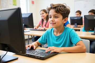 Young Boy Engaged in Computer Class in Classroom Setting with Peers - Focused on Learning Digital Skills in a Friendly Educational Environment