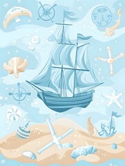 Majestic Sailing Ship Navigating Tropical Seascape with Starfish and Seashells on Sandy Beach
