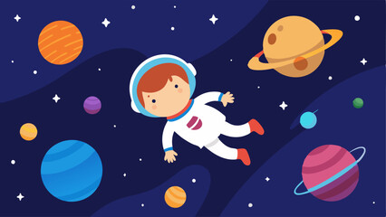 Space Exploration A child astronaut floating in space surrounded by stars and planets looking at a colorful solar system model inspiring curiosity about space.