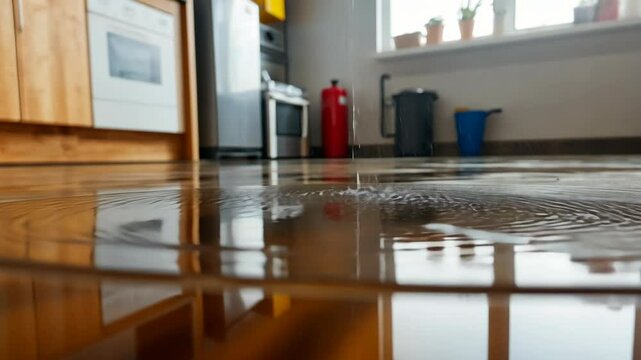 Kitchen floor flooded due to leaking water from ceiling in modern apartment during rainy weather