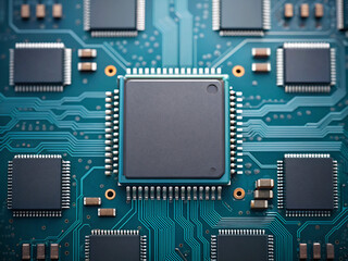 Fototapeta premium electronic circuit board. circuit, board, computer, chip, technology, electronic, electronics, processor, hardware, digital, green, macro, motherboard, electrical, component, card, capacitor, engineer