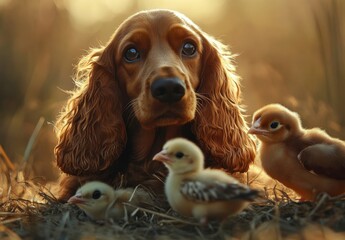 Obraz premium Dog and Chicks in Soft Light
