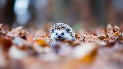 Obraz premium Autumn forest hedgehog closeup, leaf litter, blurred background, wildlife photography